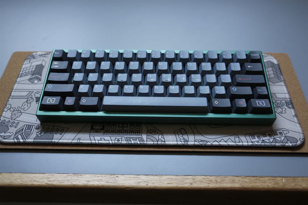 Three-quarter view of the full board on a desk mat