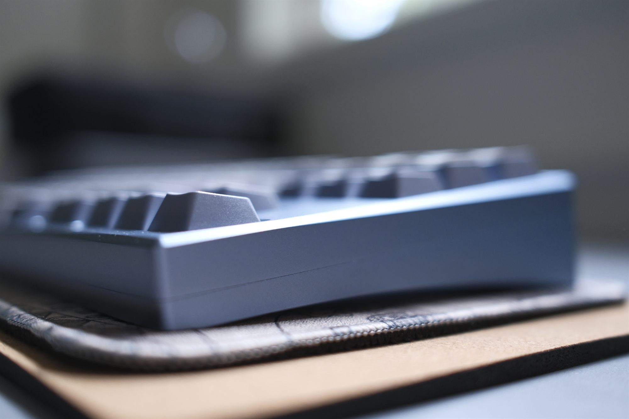 NRD Kaze Denim, low side profile — denim-blue anodized case with white and pink GMK Fuji keycaps